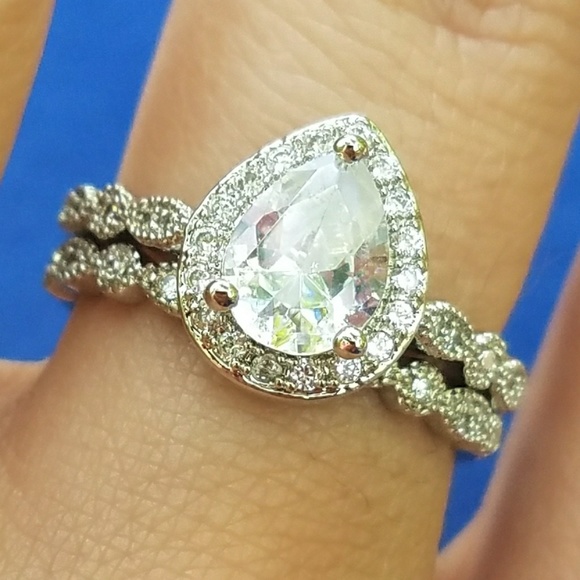 Pear Cut Teardrop Shape Halo Bridal Set - Picture 7 of 8